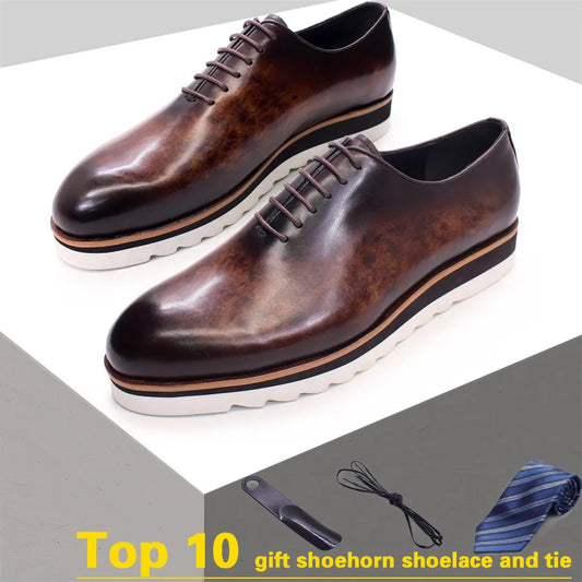 Classic Men's Leather Shoes Glossy Casual Men's Shoes Non-Slip Sole Lightweight Comfortable Lace-Up Sneakers Dating Men's Shoes